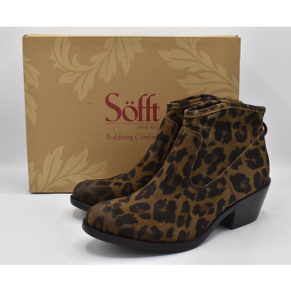 Sofft Aisley Ankle Boots Women 7 Brown Leopard Suede Block Heel Bootie Shoes